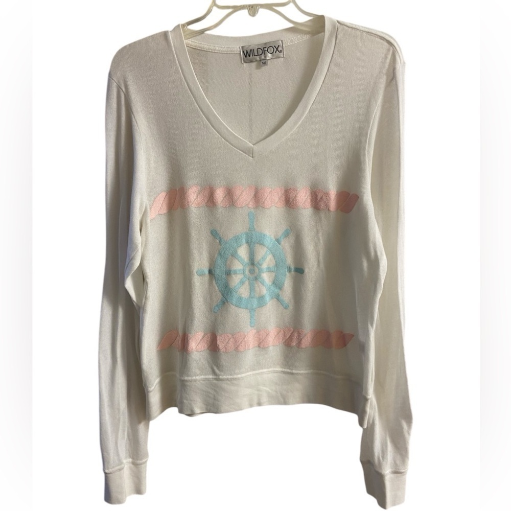Wildfox Sweater‎ V Neck White Sailor Pullover Medium
